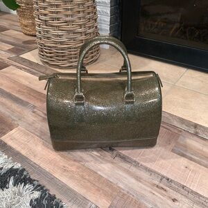 Gold Glitter Sparkle Y2K Jelly Cosmetic Bag Top Handle Style Purse Bag